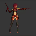 Red Haired Female Character Posing With Two Guns In Mechanical Sci Fi Outfit