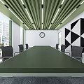 Modern Conference Room With Long Table Chairs Large Screen And Geometric Wall Art