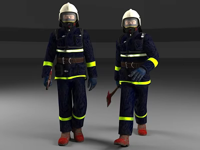 Two Firefighters In Dark Blue Uniforms With Yellow Stripes And Helmets 3d model
