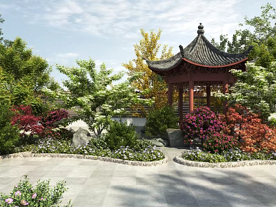 Courtyard Garden with Chinese style Pagoda Surrounded by Green Plants Colorful Flowers and Stone Pavement 3d model