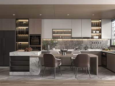 Modern Kitchen Interior With Marble Island Counter Wooden White Cabinets Dining Chairs And Appliances 3d model