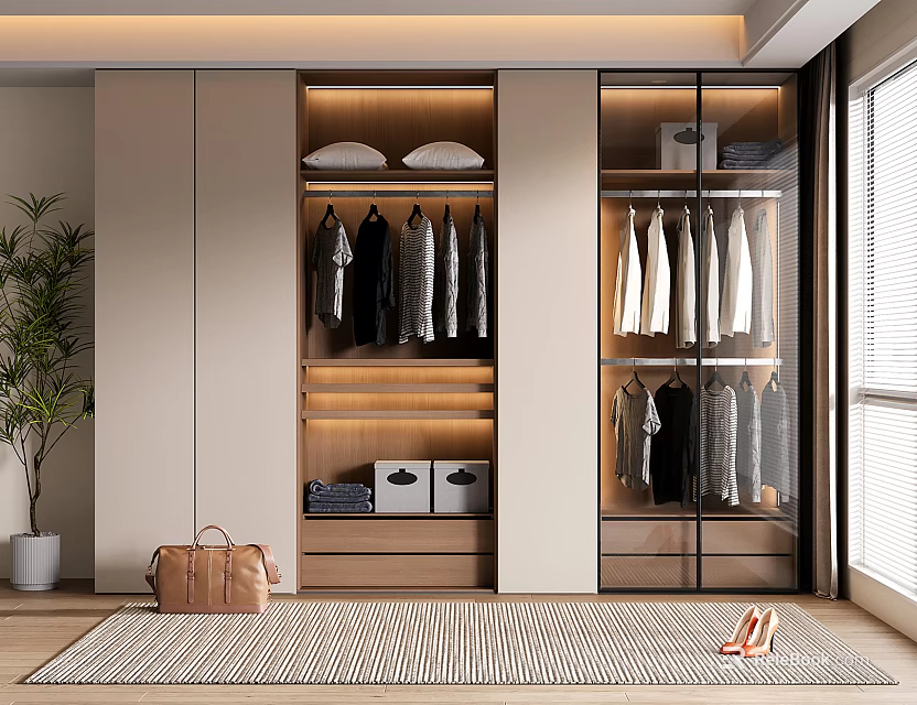 Modern Wardrobe Interior Design With Hanging Clothes Storage Shelves And Glass Doors 3d model 