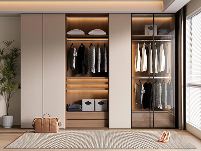 Modern Wardrobe Interior Design With Hanging Clothes Storage Shelves And Glass Doors 3d model