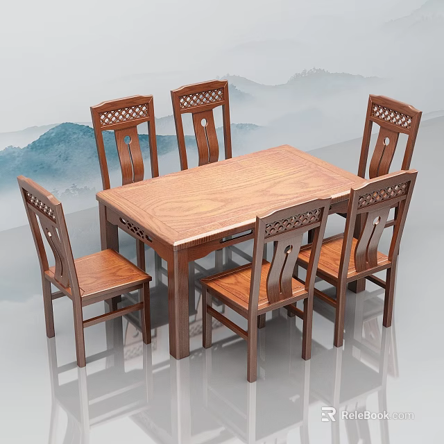 Wooden Dining Table Set with Six Carved Chairs and Rectangular Table for Home Dining Room 3d model