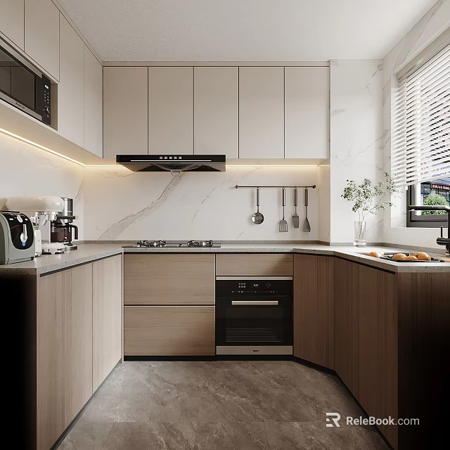 Modern Kitchen Interior Design With White Cabinets Wooden Elements Marble Countertop And Built In Appliances 3d model 