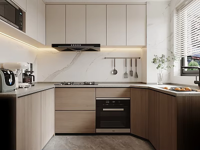 Modern Kitchen Interior Design With White Cabinets Wooden Elements Marble Countertop And Built In Appliances 3d model