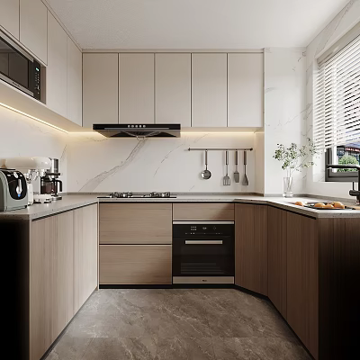 Modern Kitchen Interior Design With White Cabinets Wooden Elements Marble Countertop And Built In Appliances 3d model