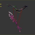 Ornate Red Fantasy Weapon Featuring Curved Bow Sickle Blade And Green Plant Decorations