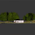 Cartoon Scene With Small House Green Trees Yellow Grass And Wooden Fence
