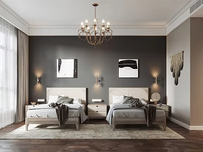 Elegant Modern Bedroom Interior With Twin Beds Chandelier Wall Paintings Curtains And Area Rug 3d model