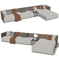 Modern Sectional Sofa With Beige Fabric Decorative Pillows Throw Blanket And Side Table 3d model