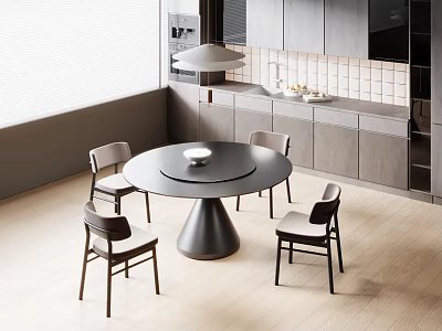 Modern Round Dining Table Set With Four Chairs In Kitchen With Cabinets And Pendant Light 3d model