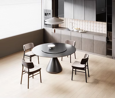 Modern Round Dining Table Set With Four Chairs In Kitchen With Cabinets And Pendant Light 3d model