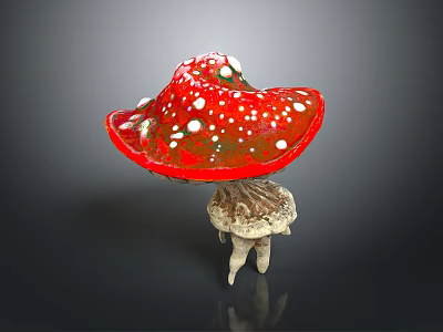 Vibrant Red Mushroom With White Spots And Root Like Structure On Black Background 3d model