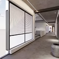 Long Office Hallway With Window Blinds Wooden Doors And Concrete Floor