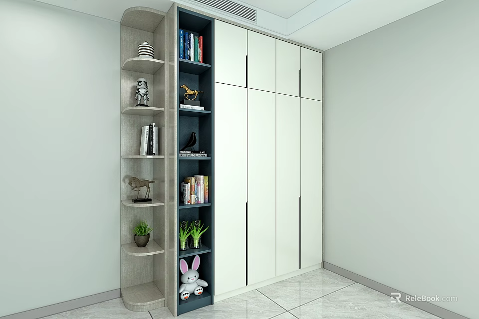 Modern White And Dark Wood Wardrobe With Side Bookshelf Decorative Items Green Plants And Books 3d model 