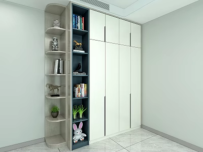 Modern White And Dark Wood Wardrobe With Side Bookshelf Decorative Items Green Plants And Books 3d model