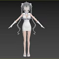3D Anime Style Woman With Blue Hair White Dress Long Gloves And Sandals