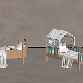 Light Wooden Children's Beds With House Shaped Canopy And Patterned Bedding