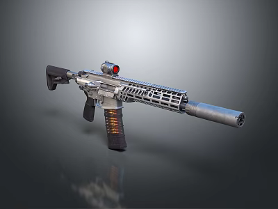 Tactical Assault Rifle Featuring Red Scope Silver Barrel Hollow Design And Black Grip 3d model