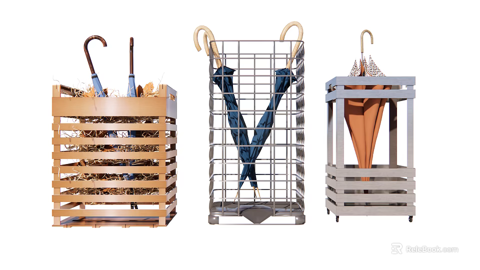 Practical Umbrella Stands For Home With Wooden Metal Grid And Decorative Designs 3d model 