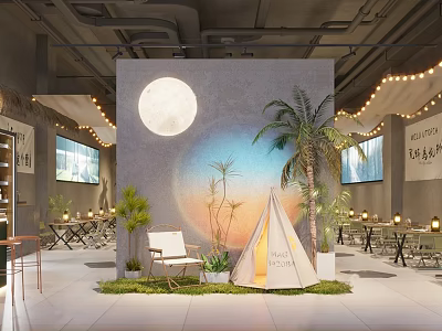 Cozy Restaurant Interior With Large Moon Decor Palm Tree Tent Grass And String Lights 3d model