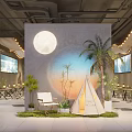 Cozy Restaurant Interior With Large Moon Decor Palm Tree Tent Grass And String Lights