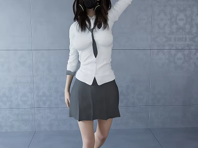 Woman In White Top And Gray Skirt Posing With Black Mask Against Gray Wall 3d model