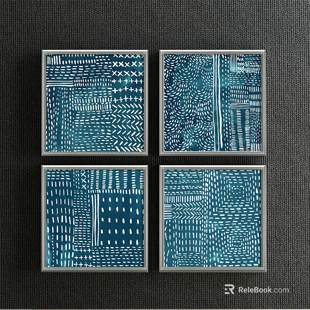 Four Square Abstract Paintings with Blue White Geometric Patterns Lines Dots in Gray Frames 3d model