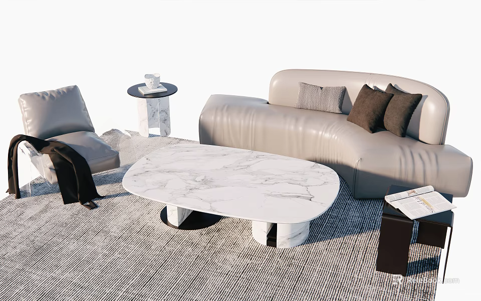 Modern Light Leather Sofa And Oval Marble Coffee Table Set With Pillows On Rug 3d model