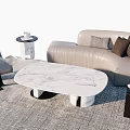 Modern Light Leather Sofa And Oval Marble Coffee Table Set With Pillows On Rug 3d model