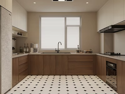 Modern Dining Kitchen Interior With Wooden Cabinets Window Blinds Sink Refrigerator And Patterned Floor 3d model