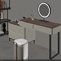 Modern Dressing Table With Brown Top White Drawers Lighted Mirror And Stool 3d model