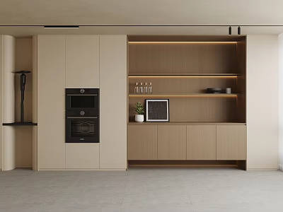 Modern Beige And Wood Sideboard With Open Shelves Plant And Picture Frame 3d model