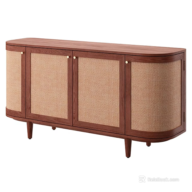 Modern Brown Wooden Decorative Cabinet With Woven Doors And Tapered Legs 3d model 