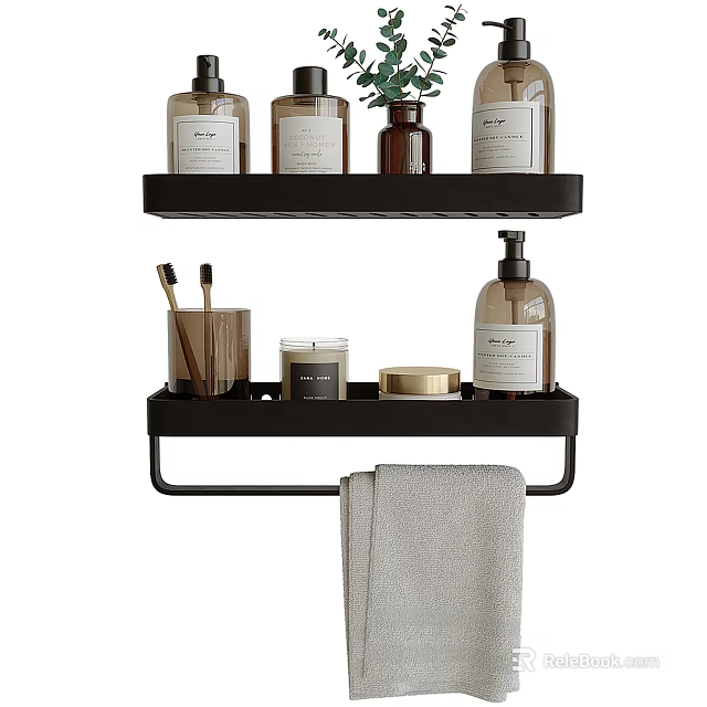 Modern Minimalist Bathroom Accessories With Two Tier Black Shelf Towel Bar Bath Products And Candle 3d model 
