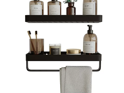 Modern Minimalist Bathroom Accessories With Two Tier Black Shelf Towel Bar Bath Products And Candle 3d model