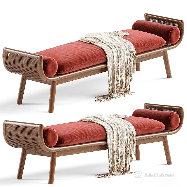 Elegant Ottoman With Red Cushion Wooden Frame Woven Details And Draped Blanket 3d model 