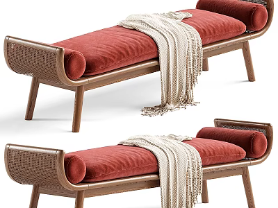 Elegant Ottoman With Red Cushion Wooden Frame Woven Details And Draped Blanket 3d model
