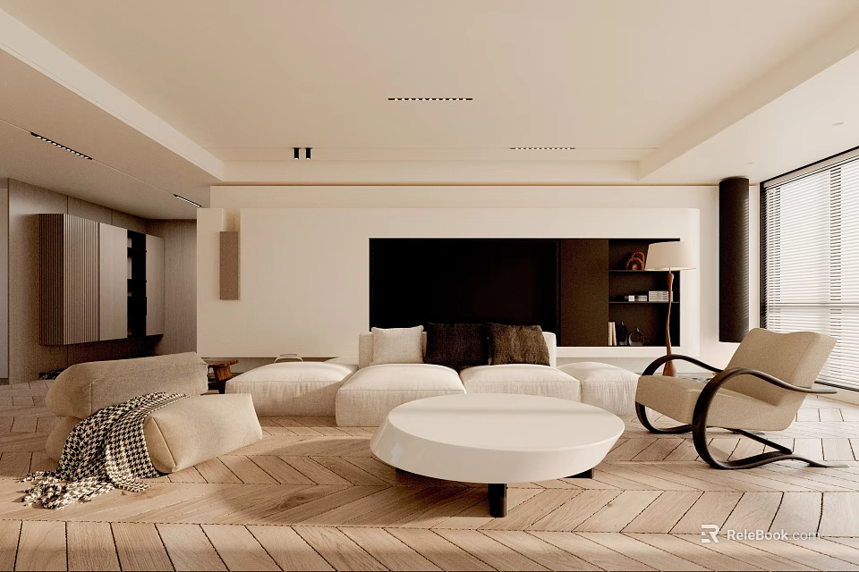 Modern Living Room Interior With Light Colored Sofa Round White Coffee Table And Wooden Floor 3d model 