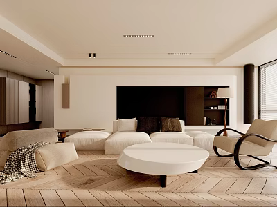 Modern Living Room Interior With Light Colored Sofa Round White Coffee Table And Wooden Floor 3d model