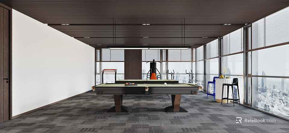 Modern Billiard Room Interior With Pool Table And City View 3d model