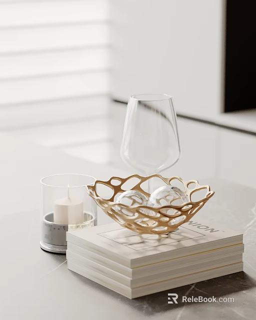 Modern Decorative Ornament Set With Golden Hollow out Bowl Glass Candle Holder And Balls On Books 3d model 