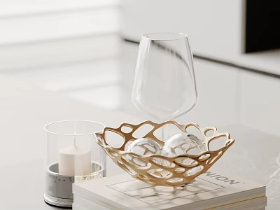 Modern Decorative Ornament Set With Golden Hollow out Bowl Glass Candle Holder And Balls On Books 3d model