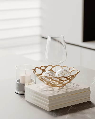 Modern Decorative Ornament Set With Golden Hollow out Bowl Glass Candle Holder And Balls On Books 3d model