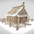 Traditional European Log Architecture Featuring Gabled Roof Snow Covered Icicles Wooden Fence And Decorative Windows