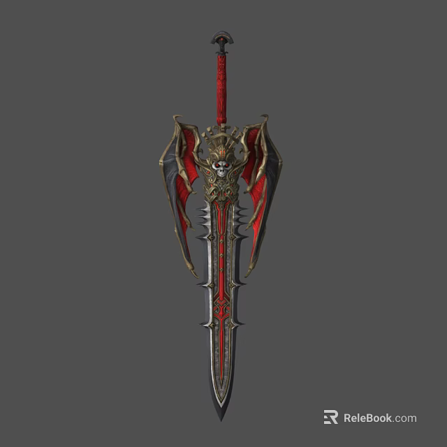 Ornate Decorative Sword with Red Accents Golden Elements and Wing Shaped Hilt 3d model 