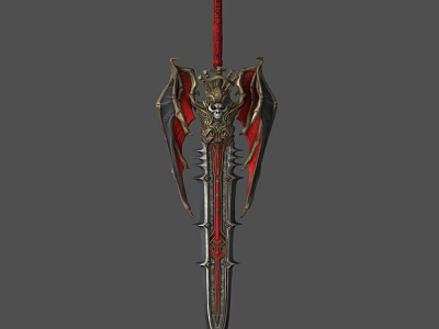 Ornate Decorative Sword with Red Accents Golden Elements and Wing Shaped Hilt 3d model