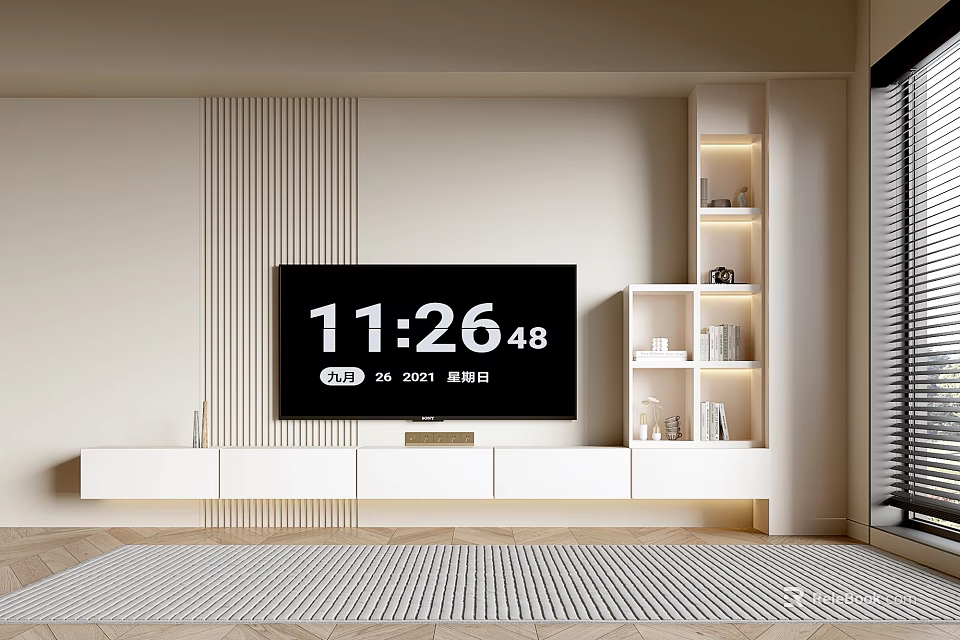 Modern Minimalist White TV Stand With Open Storage Shelves And Vertical Wall Panels 3d model 