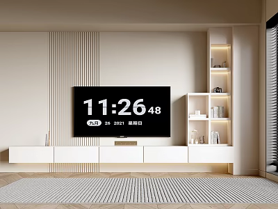 Modern Minimalist White TV Stand With Open Storage Shelves And Vertical Wall Panels 3d model